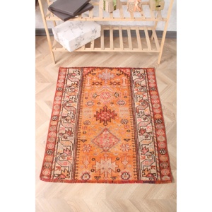 Alfombra Turca Vintage Ecológica de 2.9x3.3 pies, con Parches Naranjas de Lana y Base de Látex - Product Image 1
