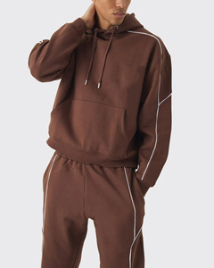 Fait sur mesure 100% coton imprimé hommes survêtement 2 pièces surdimensionné à capuche pantalon ensemble passepoil solide marron coupe-vent respirant - Product Image 3
