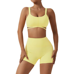Ensemble de yoga pour femmes en spandex/polyester écologique avec logo personnalisé, séchage rapide, respirant, vêtements de sport à taille élastique, uni, 2 pièces - Product Image 6