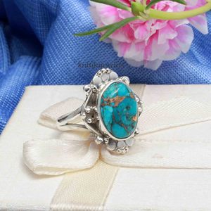 AAA + Qualité Cuivre Turquoise Gemstone 925 Bague En Argent Sterling Designer Bague Femmes Bijoux Bijoux Indiens - Product Image 2