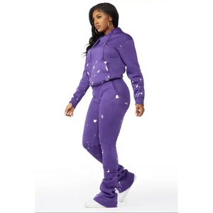 Pantalon empilé à imprimé personnalisé pour femmes, pantalon de survêtement en molleton de coton et sweat-shirt, ensemble 2 pièces, survêtement oversize pour femmes - Product Image 2