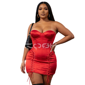 Robe de soirée de style vintage de qualité supérieure, en satin rouge, avec corset et détail de laçage sur le côté, robe moulante - Product Image 5