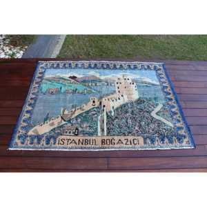 Alfombra Turca Vintage de 4.9x3.4 pies, Alfombra Decorativa, Alfombra de Lana Azul - Product Image 1