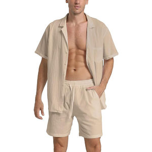 Ensemble de chemises en lin pour hommes avec logo imprimé personnalisé en usine, teinture unie, vente en gros, chemise à manches courtes et short, ensemble d'été pour hommes - Product Image 2