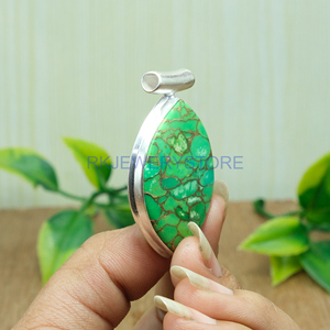 Pendentif artisanal en turquoise cuivre vert, argent sterling 925 pur, pendentif bohème, cadeau d'anniversaire, bijoux - Product Image 5