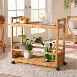 รถเข็น2ชั้นสไตล์โบฮีเมียนทันสมัยหวายสีน้ำตาลธรรมชาติและไม้สักสีน้ำตาลธรรมชาติเกาะและรถเข็นครัว - Product Image 5