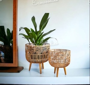 Maceta de mimbre tejida, decoración interior de lujo nórdico, soporte de madera moderno, macetas de jardín para plantas, macetas para decoración de jardín - Product Image 6