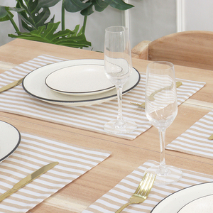 เสื่อผ้าฝ้ายทอสองชั้นแบบทันสมัยสีเบจ/สีขาวลายทางกันหกซักได้สำหรับบ้านโต๊ะอาหารห้องครัวโรงแรม - Product Image 3