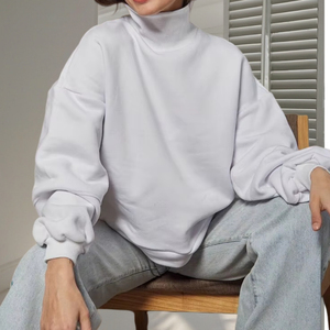 Sweat à col roulé surdimensionné pour femmes à manches longues pull à col côtelé hauts décontractés polaire coton blanc épais col montant sweat - Product Image 3