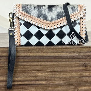 Bolso de Mano Tipo Clutch de Cuero Vacuno Auténtico con Diseño de Tablero de Ajedrez Blanco y Negro, Bolso Bandolera Mini para Mujer - Product Image 1