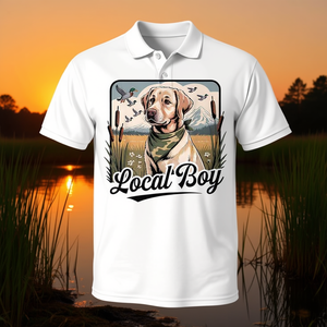 Camiseta Polo Vintage con Diseño de Perro Labrador en Escena de Atardecer en Pantano, Producto Promocional Premium - Product Image 3