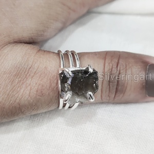 Anillo de Plata de Ley 925 con Cuarzo Ahumado Natural en Bruto para Mujer, Joyería de Navidad con Tres Bandas Lisas - Product Image 4