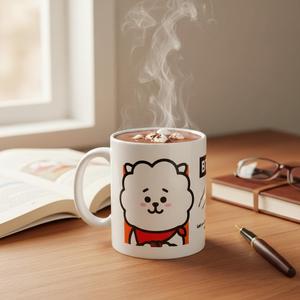 Tazza in ceramica bianca con design BT21 a forma di cartone animato con sciarpa rossa, per caffè o tè - Product Image 3