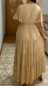 Robe maxi bohème en dentelle patchwork à imprimé floral, col en V, manches courtes, à volants, élégante, lavable, écologique, taille naturelle, pour les vacances - Product Image 2