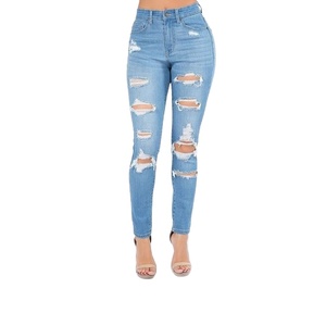 Pantalones vaqueros azul claro holgados superventas, nueva llegada, pantalones vaqueros rasgados de pierna ancha para mujer, diseño de algodón Sexy informal, precio al por mayor - Product Image 5