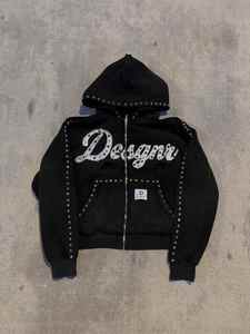 Ropa de calle personalizada Vintage desgastado rasgado Boxy recortado bordado parche sol desteñido Zip up Rhinestone sudaderas con capucha y pantalones cortos hombres - Product Image 3