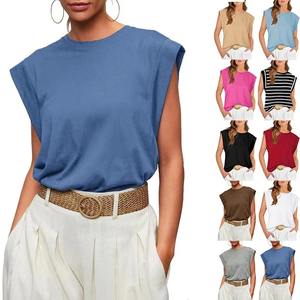 Women's Tops Summer New Round Neck Loose Casual <b>Sleeveless</b> Striped T Shirt Solid Color Tank for Women - Product Image 1