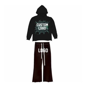 <b>Men</b> <b>Black</b> Printed Flared Tracksuits Custom Logo Hoodie Sweat Pant Breathable 100% Cotton 2 Piece Set - Product Image 1