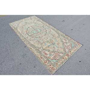 Vintage 4 X 7,9ft Beige Bleu Turc Laine Tapis Classique Grande Surface Rectangle Patchwork Abstrait Couloir Motif pour Chambre Adolescent - Product Image 2