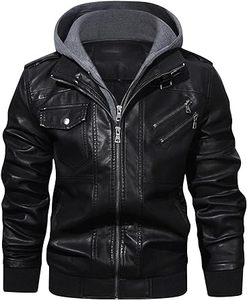 Chaqueta de motorista clásica para hombre, chaqueta de cuero negra acolchada con acabado elegante, Capucha ajustable, ligera, ajustada, negra - Product Image 1