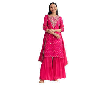 Vente en gros rouge Chinon asymétrique Kurta Palazzo costume avec broderie pour fête de fête porter réception de mariage et les commandes personnalisées - Product Image 1