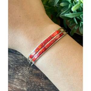 Navajo Handmade Red <b>Opal</b> & Sterling Silver Inlay Cuff <b>Bracelet</b> Cultural Collectible Jewelry - Product Image 2