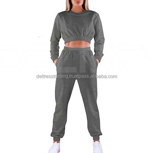 330 y 550 GSM 2 piezas conjuntos chándal peso pesado manga larga Crop Top Jogging pantalón para mujer - Product Image 5