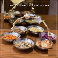Elegante Plato Decorativo Dorado con Diseño Floral de Seis Compartimentos, Hecho a Mano, de Metal Pulido, para Servir Bocadillos, Frutos Secos y Dulces
