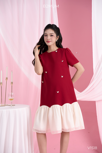 B2 <b>MUM</b> Red V-Neck Dress V1518 Lace Fabric Breathable Eco-Friendly A-Line Silhouette Slightly Pleated Bodice Double-Layered Skirt - Product Image 4