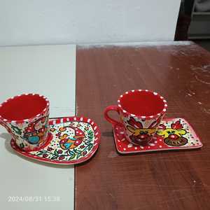 DOUBLE HAND-PAINTED HANDMADE VINTAGE CLASSIC CERAMIC TURKISH COFFEE MUG SET TRAY FRUIT PATTERN PARTY DISHWASHER SAFE DAFNI <b>BIG</b> - Product Image 6