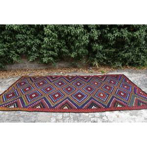 Tapis turc traditionnel rouge bleu Vintage 5.6 X 12.1ft Design Patchwork en laine pour décor de salon pour adolescents - Product Image 4