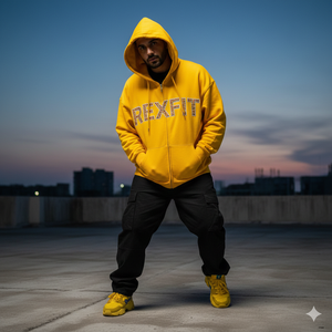 Sudadera con capucha y cremallera RexFit amarilla mostaza con logo de diamantes de imitación, ropa urbana unisex, ropa de invierno, sudadera informal de algodón y forro polar con cremallera. - Product Image 4