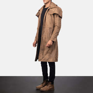 Classic <b>Brown</b> Sheepskin Notched Lapel Quilted Lining Open Front <b>Men's</b> <b>Overcoat</b> - Product Image 2