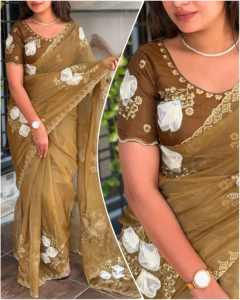 Belle tenue tendance chemisier saree en soie cristal de haute qualité avec main et paillettes brodées et fil de travail exportateur indien - Product Image 4