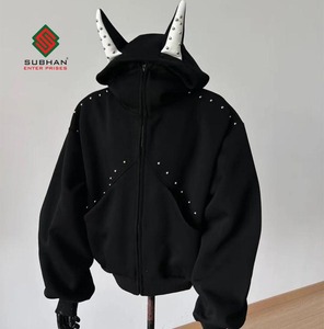 <b>Devil</b> <b>Horn</b> Hoodie Gothic Black Waterproof Breathable Winter Pullover Jacket with Studded Spikes 100% Cotton - Product Image 1