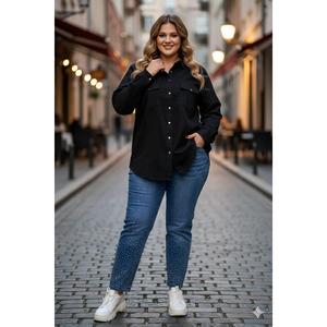 Camisa de Botones RMG para Mujer, Talla Grande, Mezcla de Tencel Negra, Blusa Informal de Corte Holgado y Cómodo - Product Image 6