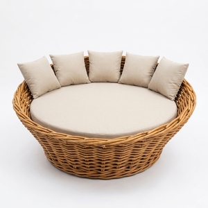 Natural Chunky Rattan Round Outdoor <b>Daybed</b> Cream Round <b>Mattress</b> Pillow Accent Patio Sunbed Setup Decor Pure Art Room Design - Product Image 1