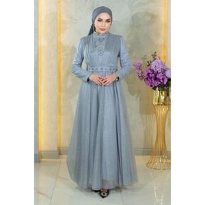 Vestido de Noche Plateado Estilo Princesa con Pedrería, Cuello Alto, Detalle de Pedrería Drapeada, Talla XS, Largo hasta el Suelo, Estilo Maxi MSW19188-4 - Product Image 3