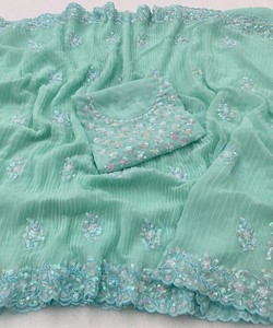 Nouvelle arrivée georgette à volants travail avec pierre travail saree avec chemisier non cousu prix de gros fabrication vêtement ethnique ApparelGarment - Product Image 5