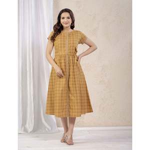 Vestido Amarillo de Algodón Estampado hasta la Rodilla para Mujer, Estilo Casual Elegante, Cintura Natural, Transpirable, para Oficina, Talla XS - Product Image 3