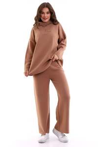 Conjunto de chándal de dos piezas de punto para mujer, conjunto de suéter y pantalón de gran tamaño de cuello alto liso de alta calidad, prendas de punto con textura suave - Product Image 2