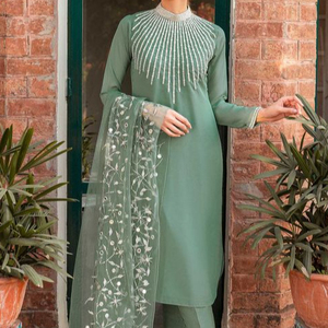 Designer 2024 Party Wear Embroidered Crystal Glass Beads Sequins Dabka Work Long Kurta Lace Button Natural Waist Pant Dupatta - Product Image 1