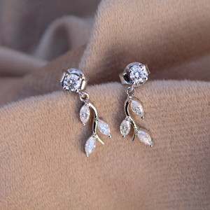 925 <b>Silver</b> Marquise Round Moissanite <b>Dangling</b> <b>Earrings</b> Leaf Design Push Back <b>Earrings</b> for Parties - Product Image 2