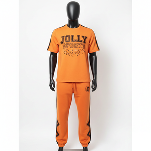 Ensemble de survêtement en coton interlock épais de qualité supérieure 320 GSM, T-shirt et pantalon de jogging orange, logo personnalisé en strass, panneaux latéraux thermocollés - Product Image 1