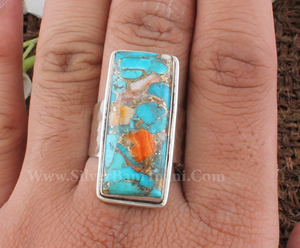 925 Sterling <b>Silver</b> <b>Ring</b> Rectangular Turquoise Inlay Unique Handmade Design <b>Statement</b> Unisex Wedding Jewelry Adjustable Size - Product Image 6