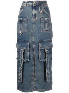 Falda Midi Vaquera de Cintura Alta para Mujer, Color Sólido, Estilo Utilitario con Bolsillos 3D, Tela de Algodón Lavado a la Piedra, para Primavera - Product Image 6