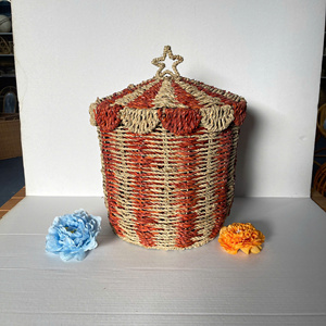Handmade Seagrass Storage Basket with <b>Lid</b> Circus Tent <b>Design</b> Rustic Boho Decorative Organizer Made <b>by</b> VgreenArt in Vietnam - Product Image 1