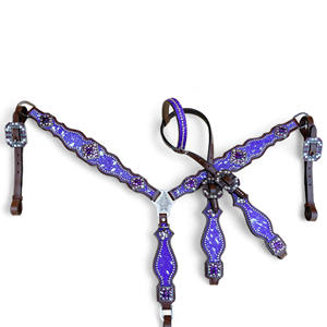 Ensemble de serre-tête et de collier de poitrine en cuir de vachette violet: Lavage à l'acide métallique argenté - Product Image 1