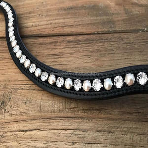 Banda para cejas de caballo de cuero de canal vacío de diseño personalizado hecho a mano de alta calidad con incrustaciones de cristales dorados y perlas banda para cejas ostentosa - Product Image 2