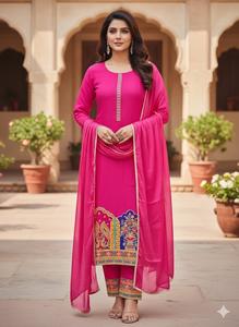 Trajes de Tres Piezas Modernos de Algodón para Mujer, con Dupatta de Chinnon y Adornos Payal, para Fiestas, con Bordado Romano Kingsa - Product Image 4